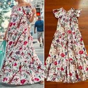 Guadalupe Women’s Maxi Dress Floral Bird Print Cotton Boho Peasant Off Shoulder